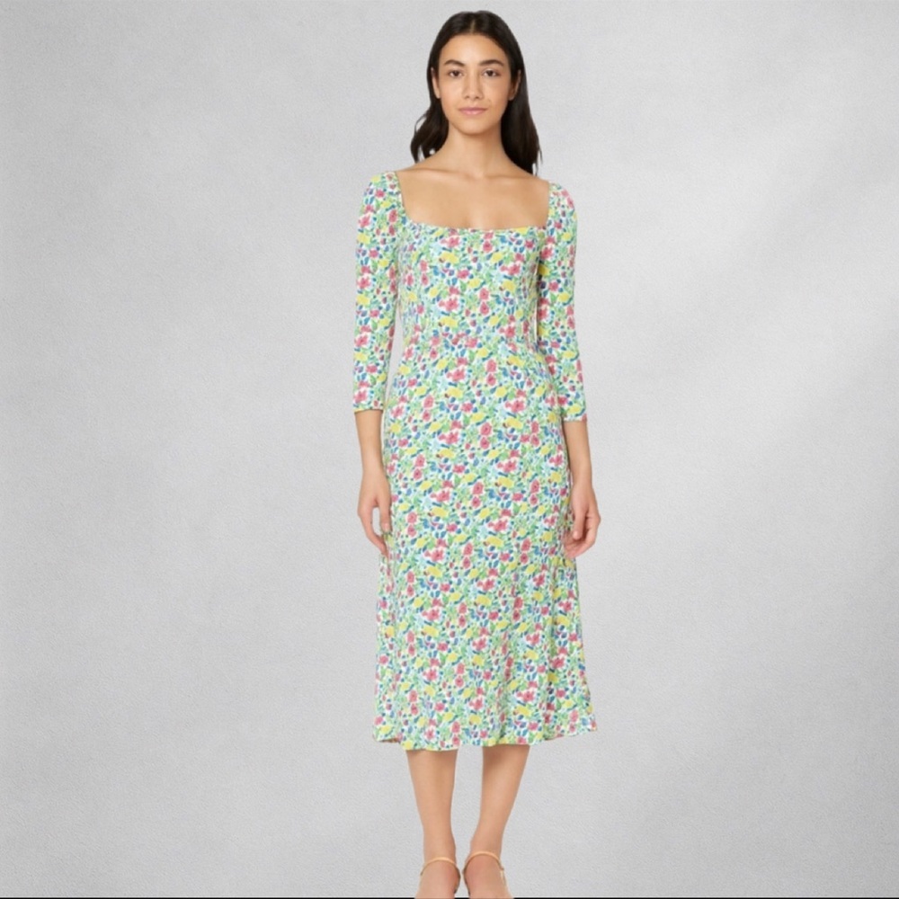 The Native One Dress M Floral Lemons Midi Square Neck Long Sleeve Smocked Back